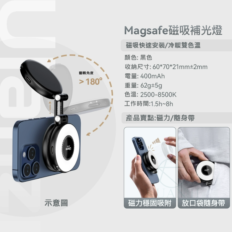 Ulanzi LM19 MagSafe 磁吸補光燈 黑色/白色 送引磁片 2500-8500K雙色溫 400mAh 0