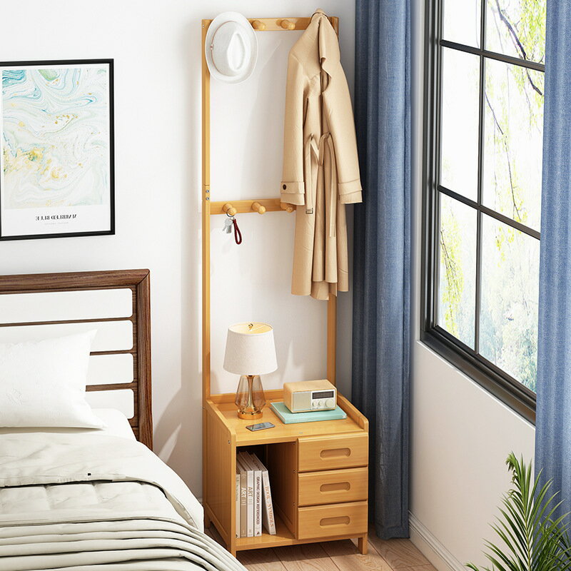 床頭櫃現代簡約家用實木臥室衣帽架多功能床邊收納儲物置物架一體