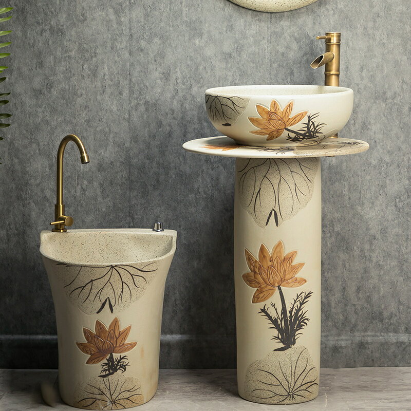 免運 快速出貨 洗臉盆 洗手盆 立柱式洗臉盆陶瓷戶外洗手盆別墅庭院水池室外陽臺落地式一體柱盆