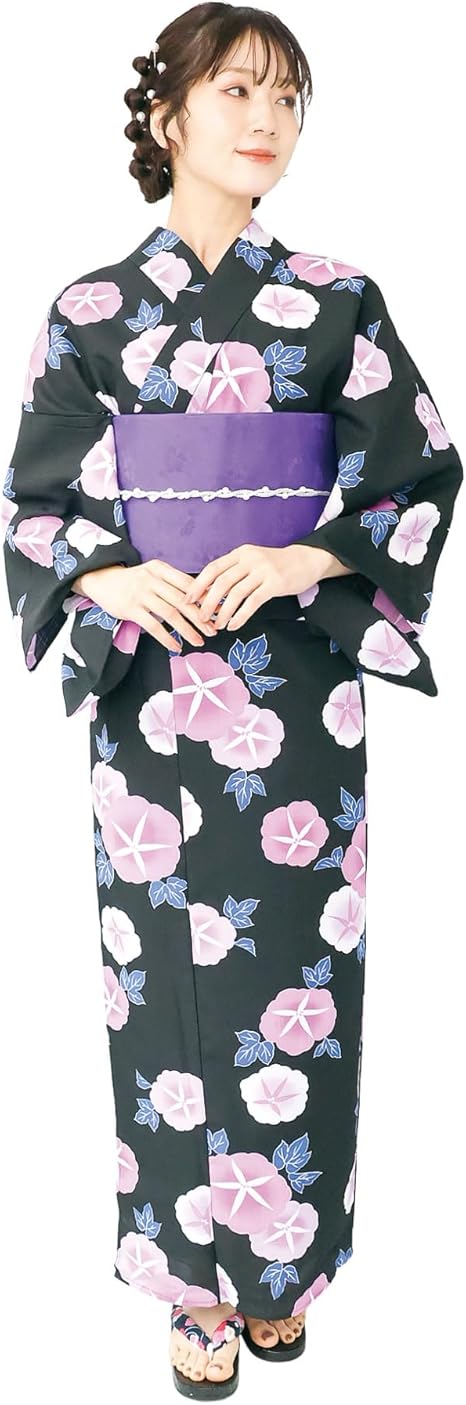 ON Nishiki【日本代購】吸水速乾浴衣2件套浴衣+腰帶女士成人用量身裁剪結帶兵兒帶煙火大會復古現代日式花紋-夏日朝顏