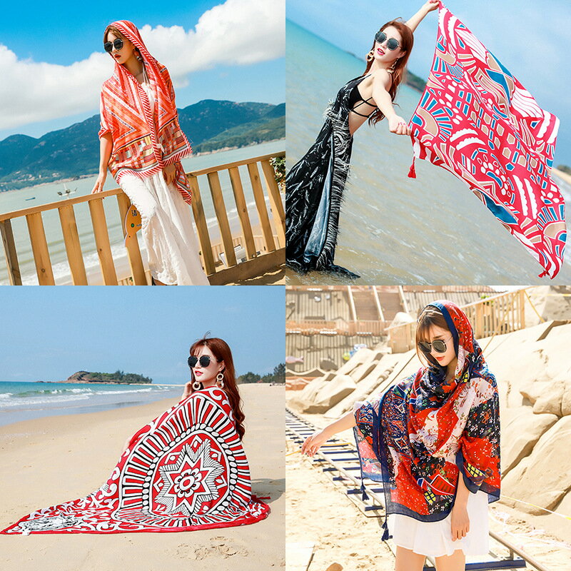 夏季新款民族風棉麻圍巾女度假旅游海邊絲巾沙灘巾空調披肩