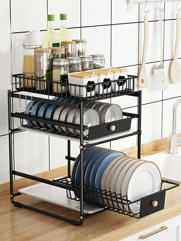 廚房碗碟收納架水槽置物架多層臺面碗盤瀝水架家用抽拉碗筷收納柜