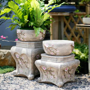 中式石墩別墅小庭院花盆擺件人造石日式創意戶外花園陽臺裝飾布置