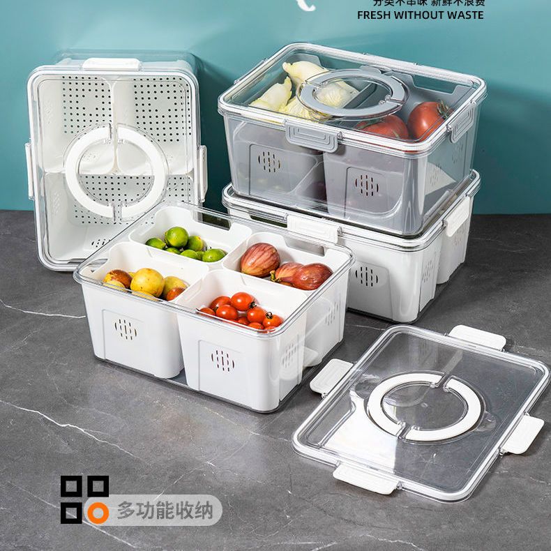 免運 日式雙層食品級塑料瀝水籃保鮮盒冰箱收納盒樂扣密封可分格蔬果盒-快速出貨