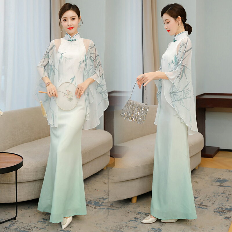 新款夏季中式演出服宴會走秀旗袍連衣裙中國風禮服女裝