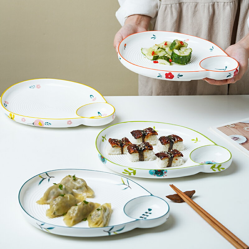 餃子盤子帶醋碟家用個性早餐餐具ins 風創意網紅分格餐盤壽司碟子