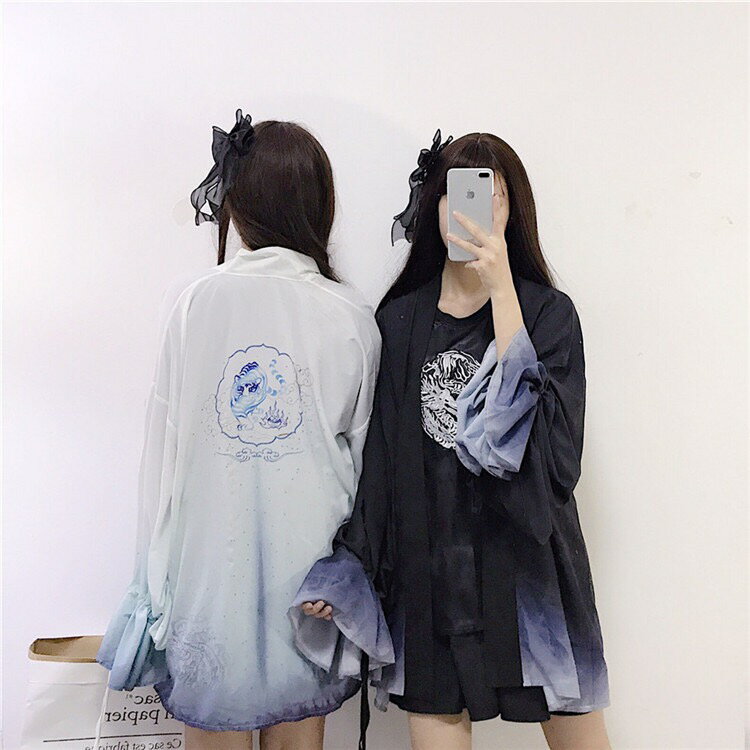 中國風復古漢元素改良中長款花瓣袖漢服男女古風漸變防曬和服開衫