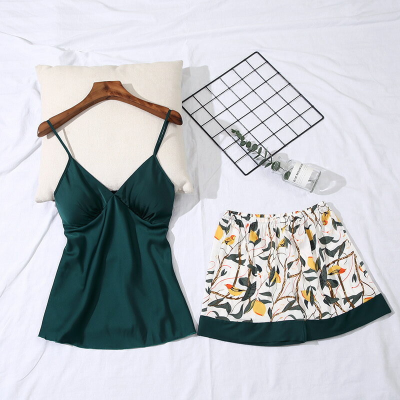 【巴黎精品】睡衣套裝吊帶休閒服-夏季模擬絲薄款短褲女居家服3色a1at1