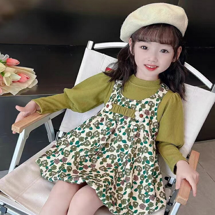 兒童洋裝 小女孩裙裝套裝 女童連身裙 洋氣女寶寶連衣裙 春秋裝碎花裙 假兩件短裙 女孩長袖裙 女生連身裙【不二雜貨】
