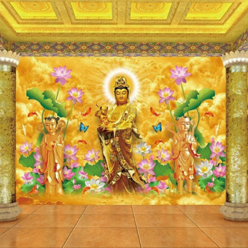 菩薩壁紙南海觀世音寺廟壁紙佛教佛系客廳3D佛像觀音菩薩佛堂墻紙