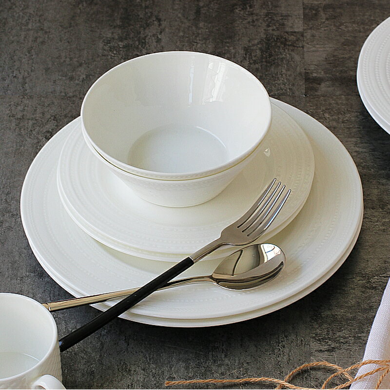 維爾系列唐山骨瓷浮雕西餐餐具4件套西餐盤湯碗牛排意面盤子 1