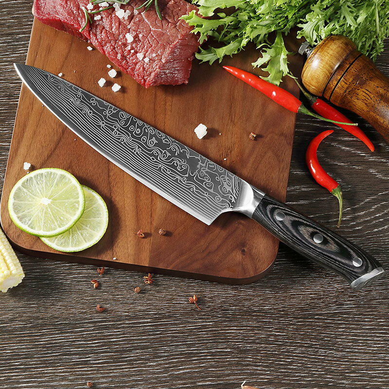 不鏽鋼激光紋切片刀廚房菜刀彩木手柄切肉切菜廚師刀
