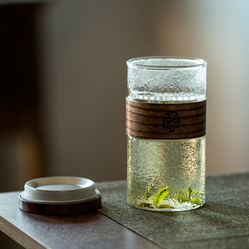 月牙杯過濾泡龍井綠茶專用茶杯高階玻璃杯子錘紋中式個人專用男士