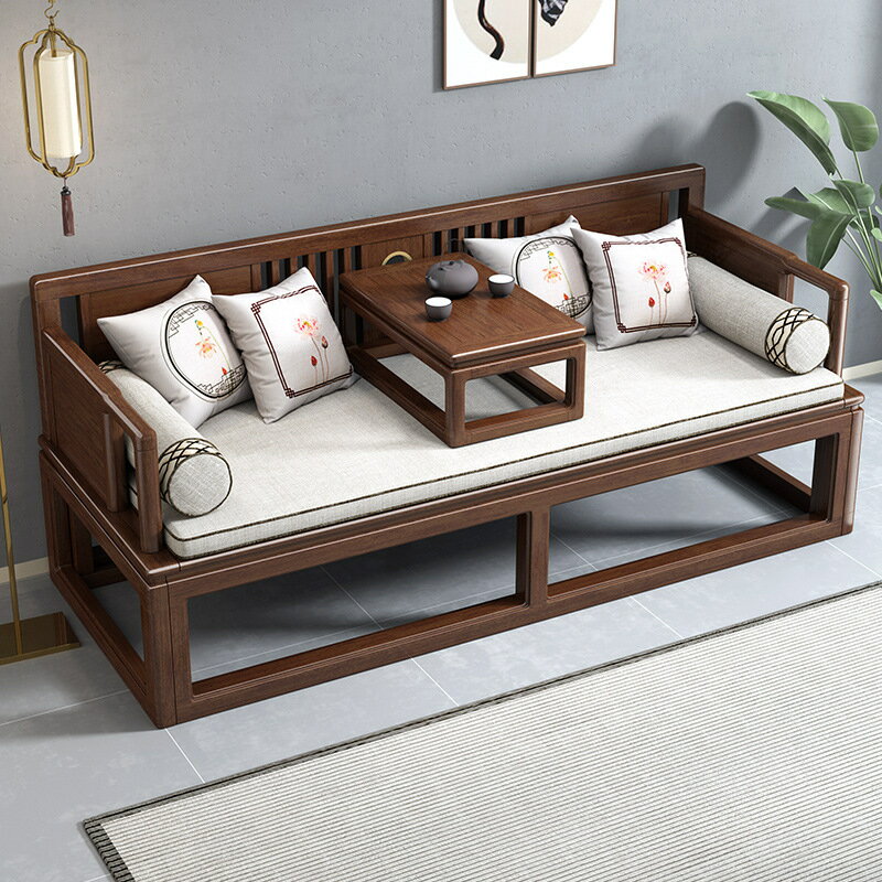 家具 .新中式實木羅漢床桃木兩用推拉伸縮沙發床客廳小戶型
