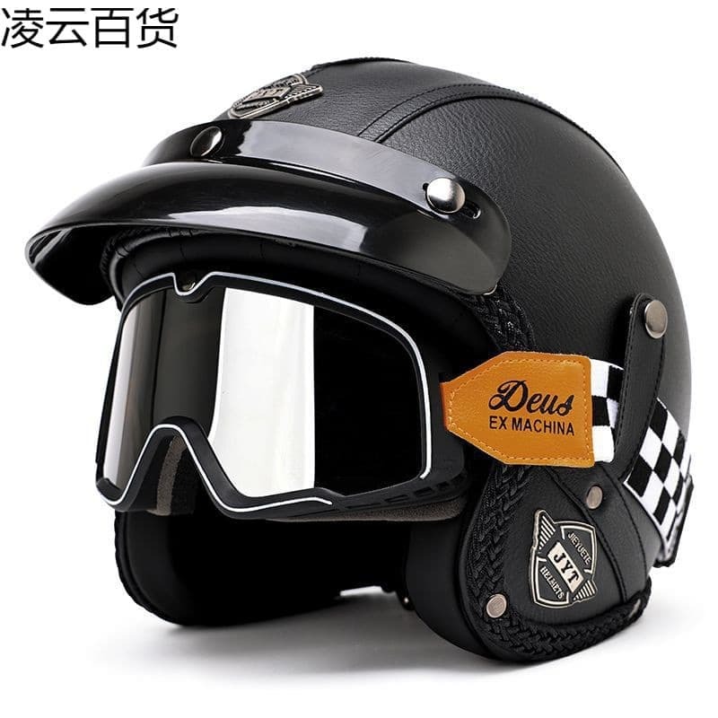 48H出貨3復古哈雷巡航摩託車頭盔男女踏板電動車半盔機車34皮帽盔