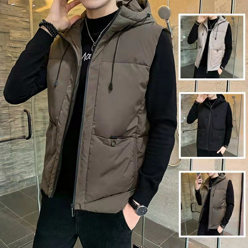 [M-7XL] 羽絨棉馬甲男士 連帽無袖外套 秋冬季大尺碼男性保暖背心外套 青年韓版加厚潮流保暖坎肩背心 修身馬甲男