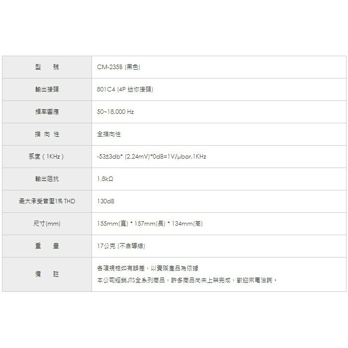【來電優惠】CM-235iB JTS 頭戴式極小麥克風 全指向/優質音色/優質小型鵝頸最佳拾音/可調式頭戴環防汗O型環/台灣製造 1