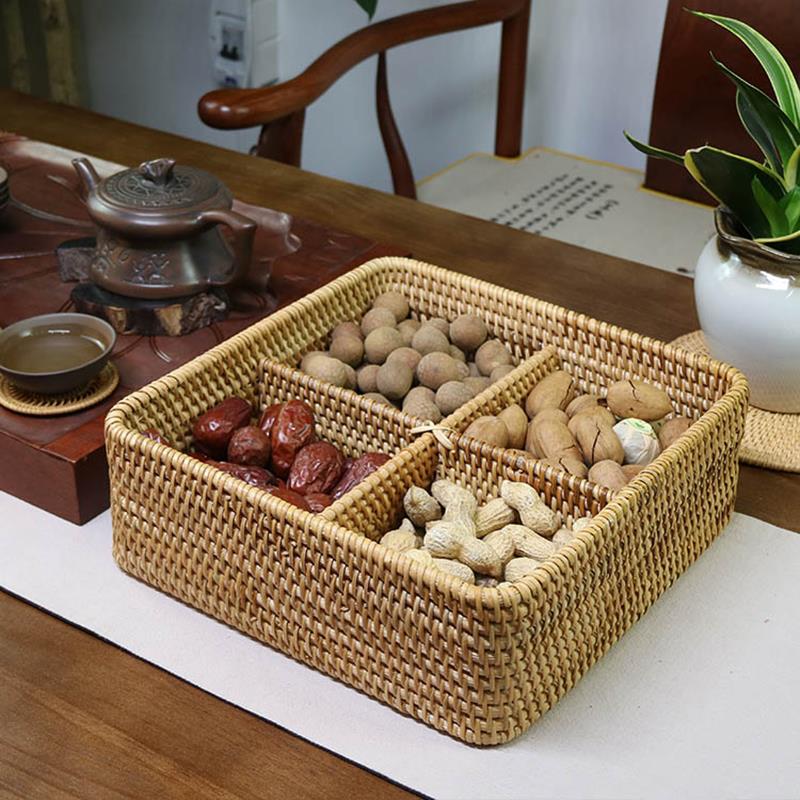 北歐客廳越南藤編織乾果收納盒零食瓜子糖果盒分格帶蓋堅果盤家用