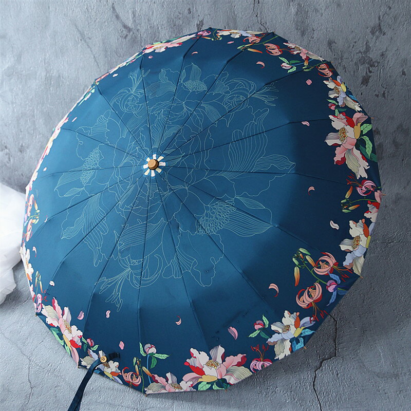 復古風晴雨傘女日式木柄16骨印花彩膠不透光三折疊遮陽傘