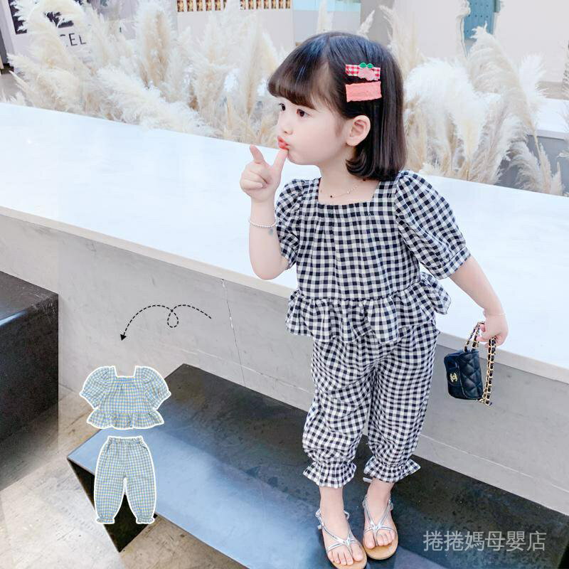 � 童裝 女童套裝 造型服飾 夏季 2021 新款 韓版 兒童 時尚 短袖 網紅套裝 中小童 洋氣 格子洋裝套裝