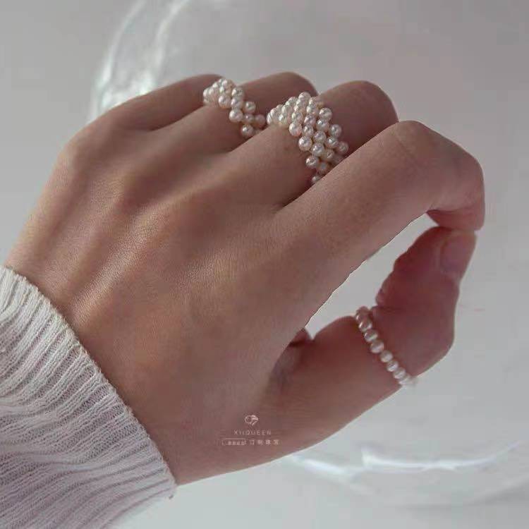 日韓潮手工編織小珍珠戒指復古小米珠子白色指環食指戒簡疊戴