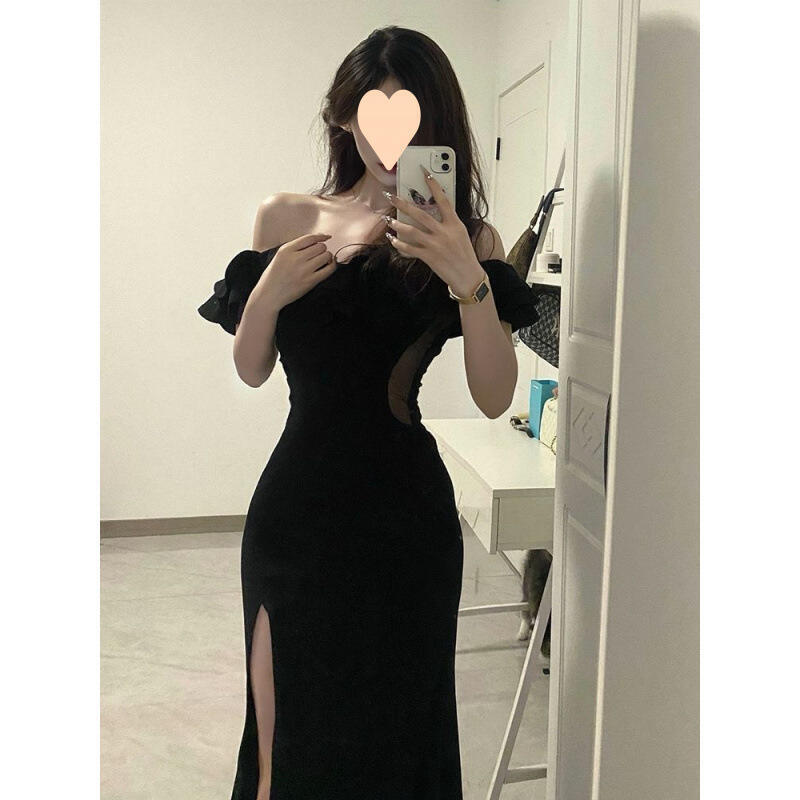法式高階感成人禮生日宴會禮服裙氣質一字肩性感開叉連衣裙長裙子