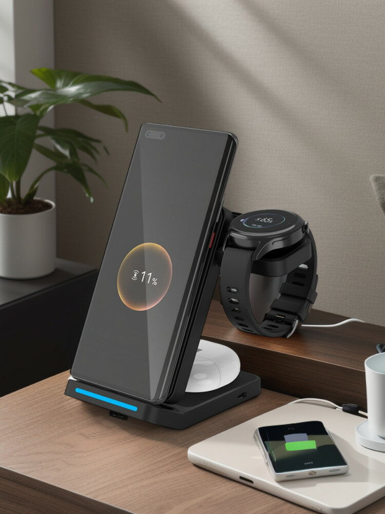 【臺灣公司 可打統編】三合一無線充電器適用華為p40pro手機p50pro華為mate60pro蘋果三星gt3pro手錶watch4多功能立式底座快充支架