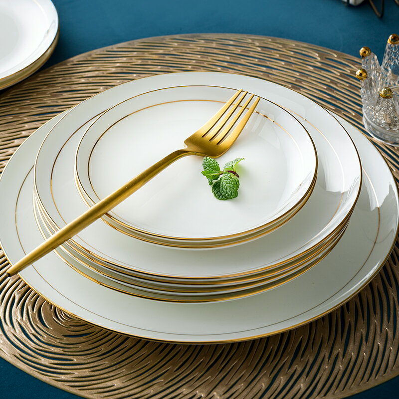 景德鎮金邊盤子骨瓷菜盤創意家用餐具圓形平盤西餐盤骨碟網紅盤子
