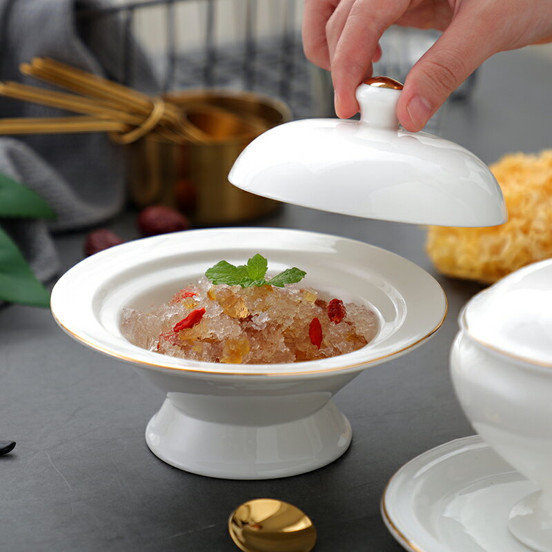 宮廷陶瓷雙耳湯盅歐式金邊帶蓋燕窩魚膠甜品隔水燉盅煲蒸蛋糖水碗