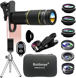 Bostionye 【日本代購】便攜HD10 英寸1 鏡頭套裝22倍單人鏡頭變焦望遠鏡0.63 廣角15X 宏198 ° 魚眼2X 望遠CPL 濾鏡萬花鏡智能手機鏡頭三腳架(黑)