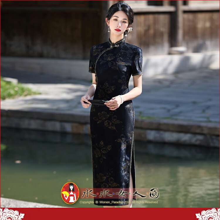 黑色春夏新款印花旗袍短袖長款改良修身顯瘦優雅連身裙洋裝表演日常可穿-芙怡-水水女人國
