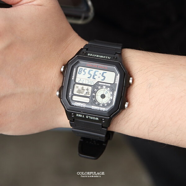 CASIO卡西歐全黑地圖電子膠錶【NEC59】柒彩年代