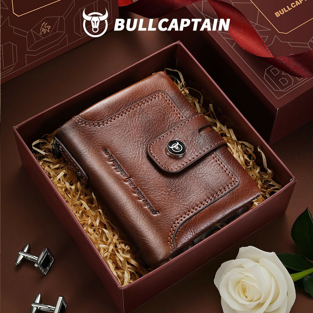 牛船長BULLCAPTAIN拉鏈塔扣真皮男士錢包豎款多卡位頭層牛皮錢夾