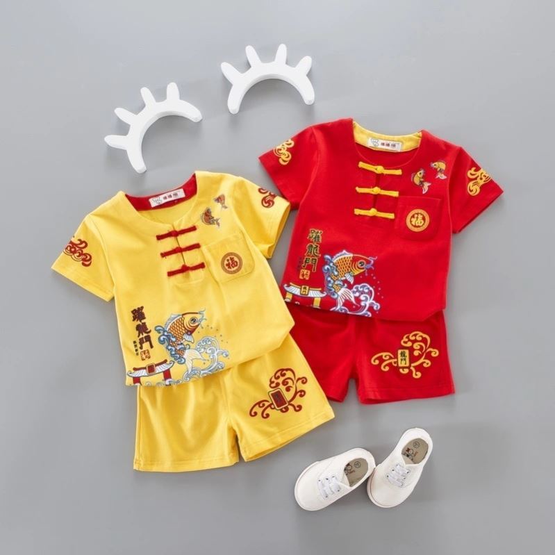 寶寶唐裝兒童純棉短袖t恤男女童夏季周歲禮服中國風漢服抓周套裝