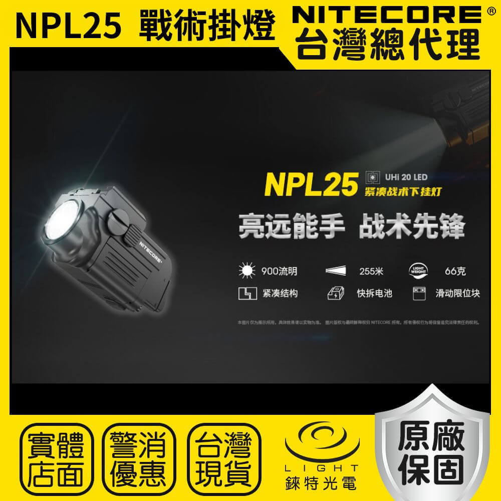 【錸特光電】NITECORE NPL25 900流明 255米 戰術掛燈 戰術燈 快拆電池 GL 皮卡汀尼軌道 下掛式