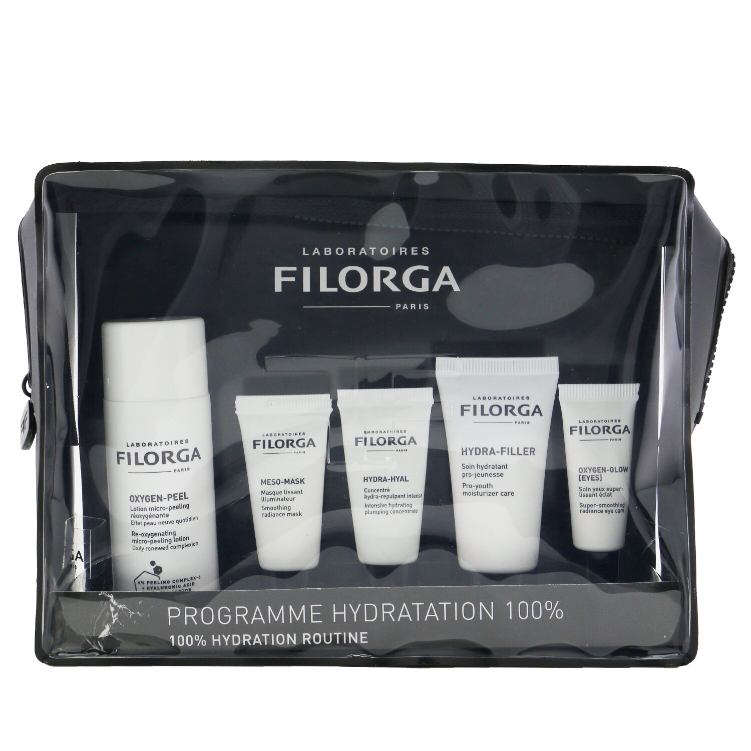 菲洛嘉 Filorga - 100% 保濕常規套裝：注氧新生潔膚水 50ml+柔潤亮澤面膜 7ml + 玻尿酸保濕精華 7ml + 強化保濕煥活霜 15ml+ 光彩活力輕透眼霜 4ml + 化妝袋