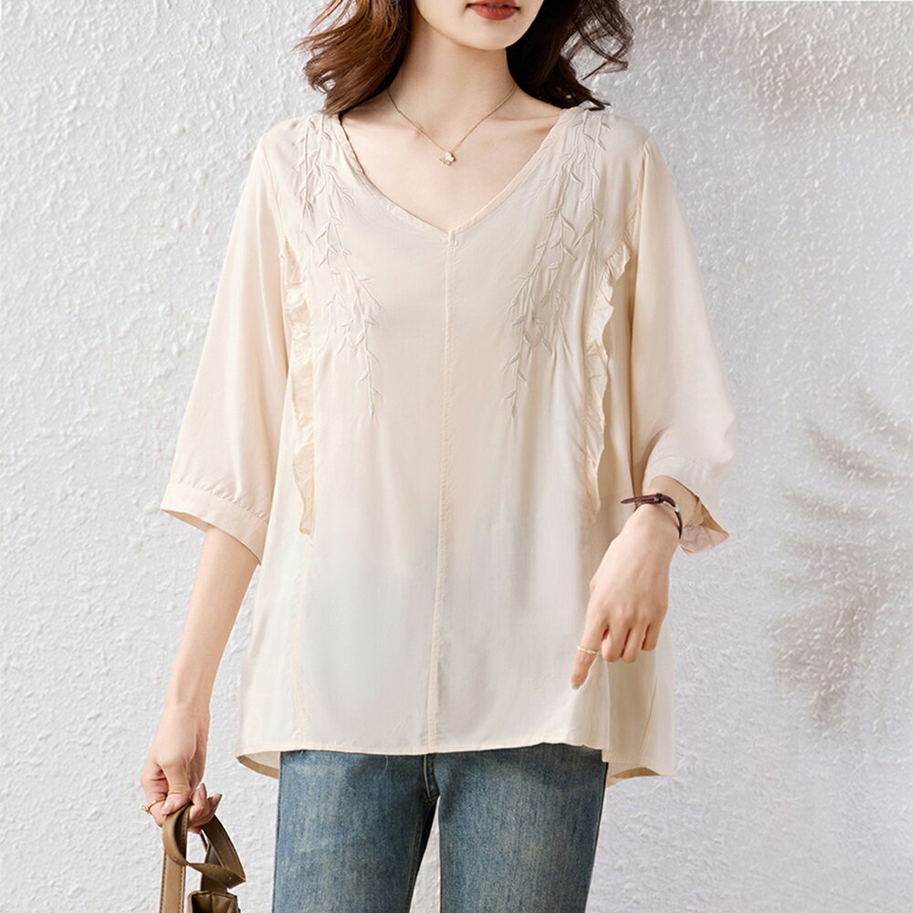 ＊ORead＊V領雪紡上衣(杏色M~5XL)