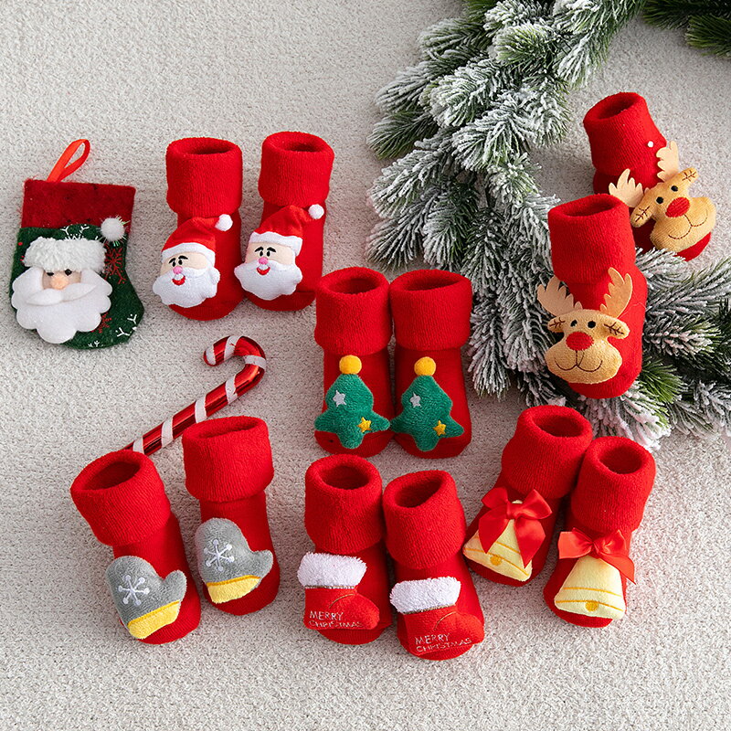 嬰兒襪子秋冬季毛圈襪寶寶男童女童新生兒可愛圣誕兒童防滑地板襪