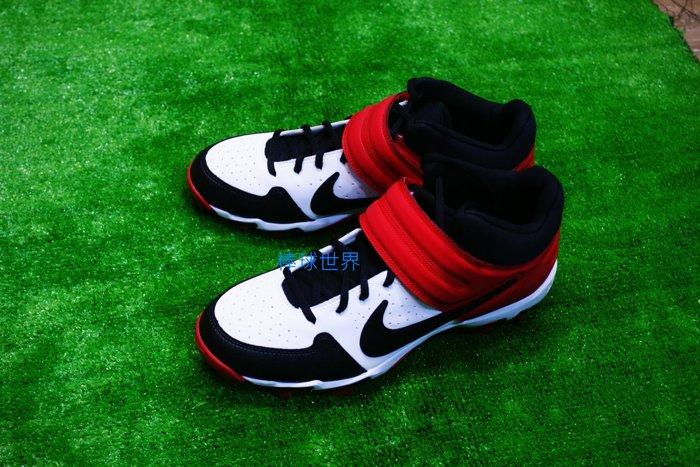 棒球世界19年全新NIKE中筒膠釘壘球鞋特價黑白紅配色AO7956 106
