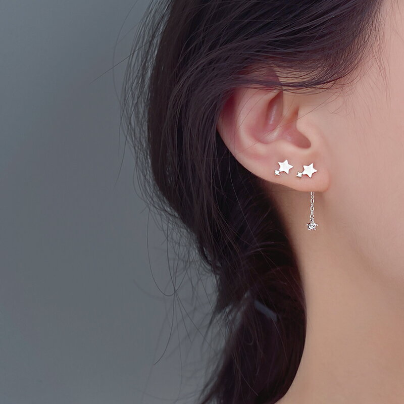 925純銀星星秋冬耳釘女不對稱五角星耳環年新款潮耳飾顯臉小