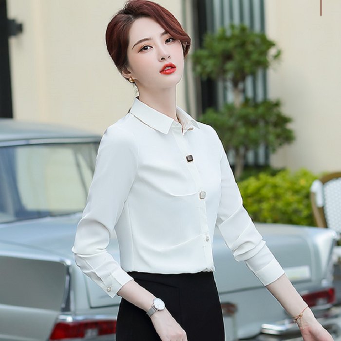 光感綢緞個性鈕扣上班不皺長袖襯衫[20S268-PF]灰姑娘