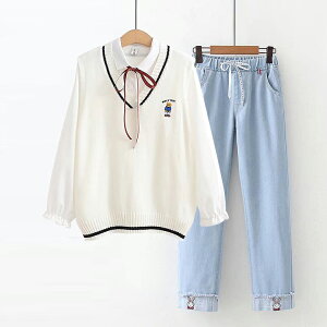 初高中學生春季套裝少女甜美小熊V領針織馬甲白襯衫+牛仔褲三件套
