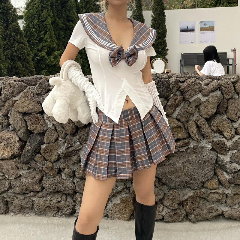 AMAMAY 2021分體日系JK歐美風美學院美少女格子軟妹套裝格子短裙