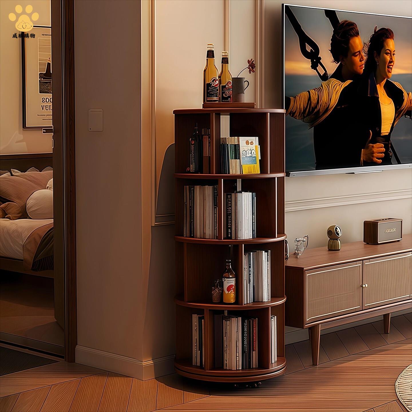 實木旋轉書架 客廳靠墻拐角可移動置物架子 圓形書櫃 轉角兒童繪本架Y9/12