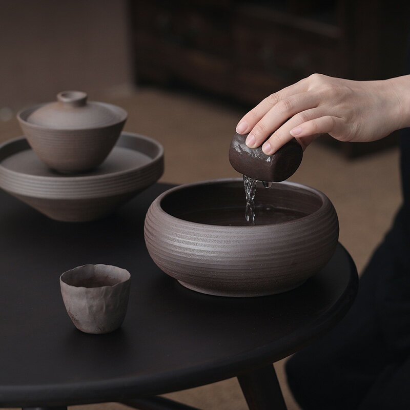 陶福氣 手作陶器日式復古茶洗 家用茶空間茶具茶杯收納盆茶渣缸