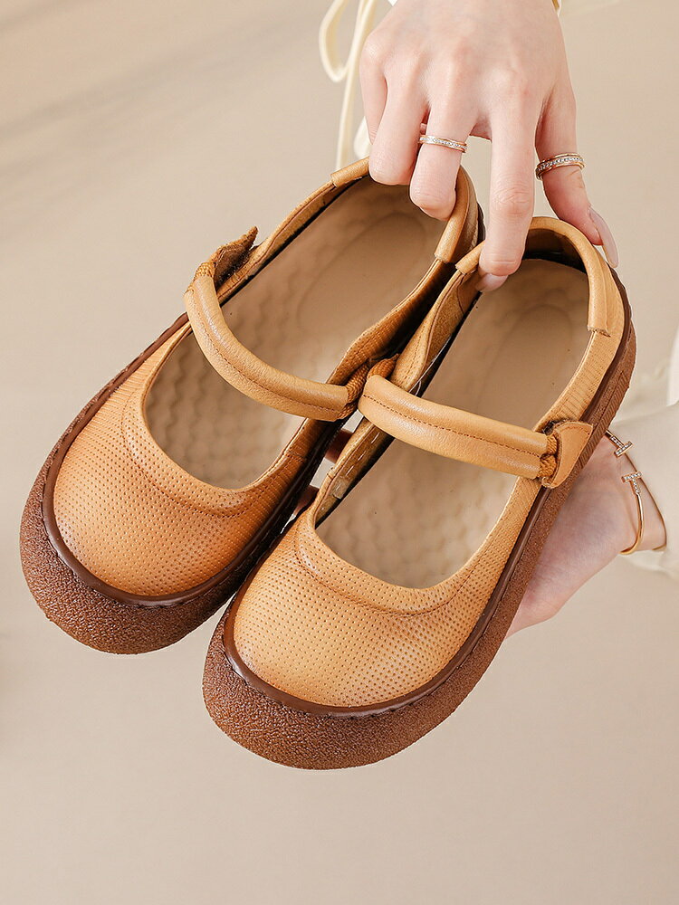 含運 頭層牛皮圓頭復古瑪麗珍單鞋春秋舒適中老年真皮媽媽鞋軟底女皮鞋 4