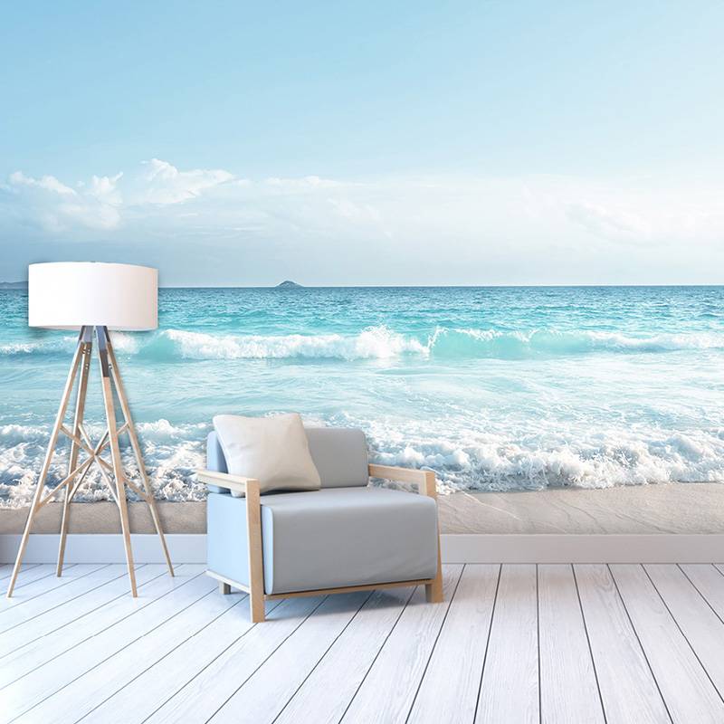 藍天海景風景電視背景墻紙酒店餐廳客廳地中海3D壁畫大海沙灘壁紙