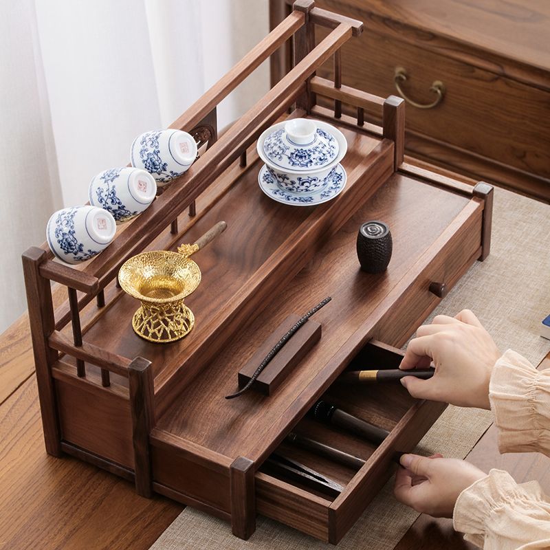 限時下殺 免運/可開票 茶具收納架北美胡桃木雙層博古架中式實木茶壺紫砂茶杯瀝水置物架