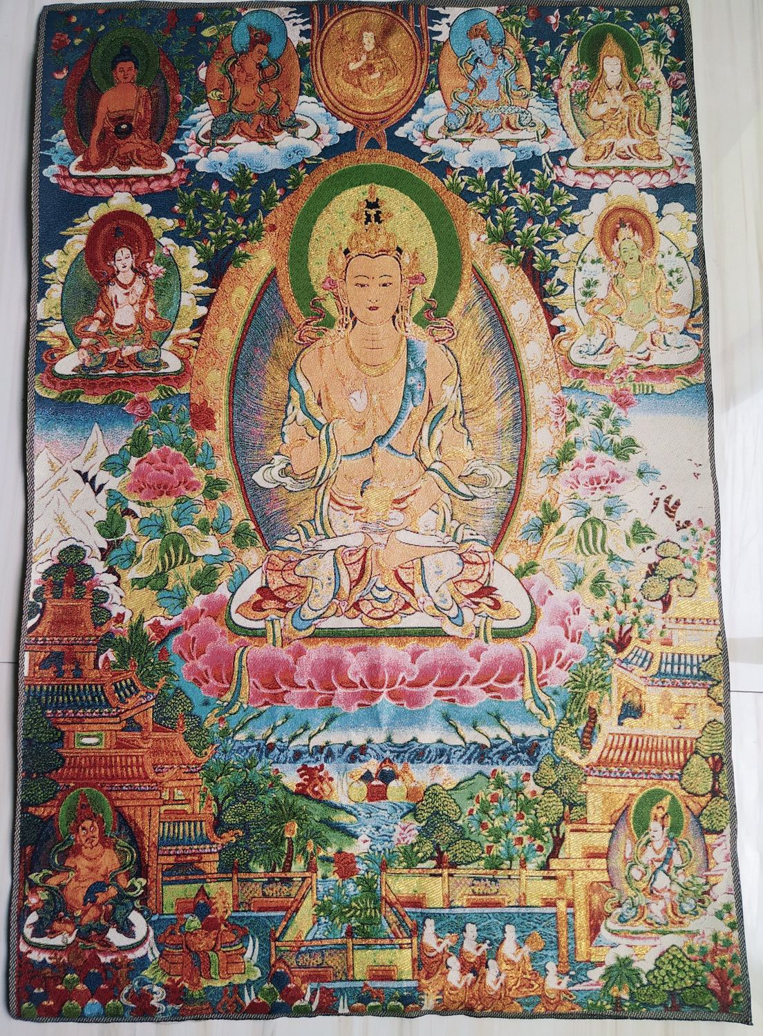 長壽佛西藏佛像宗教用品 尼泊爾唐卡金絲刺繡織錦畫絲綢刺繡畫像