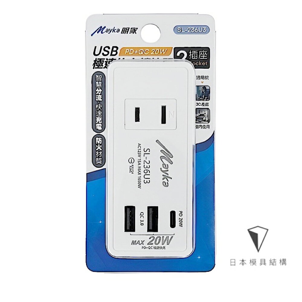 【明家Mayka】SL-236U3 2孔2插+3USB極速PD+QC快充20W轉接器 分接器(AC125/1650W)